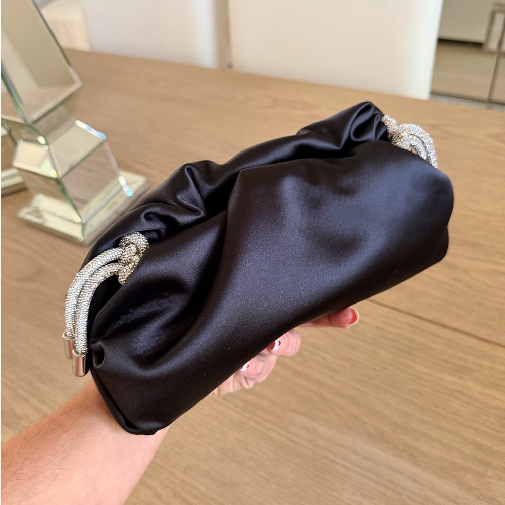 Rebecca Minkoff Black Satin Clutch Convertible Shoulder Evening Bag NEW